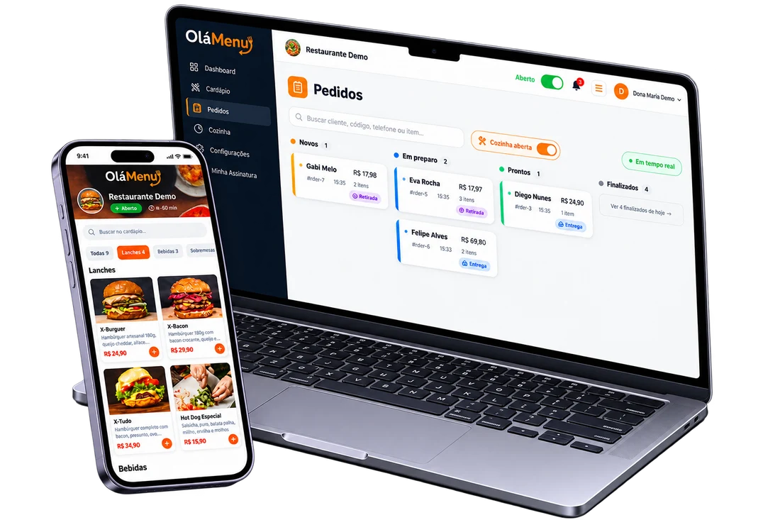 Painel de pedidos do OláMenu num portátil e o cardápio digital num telemóvel